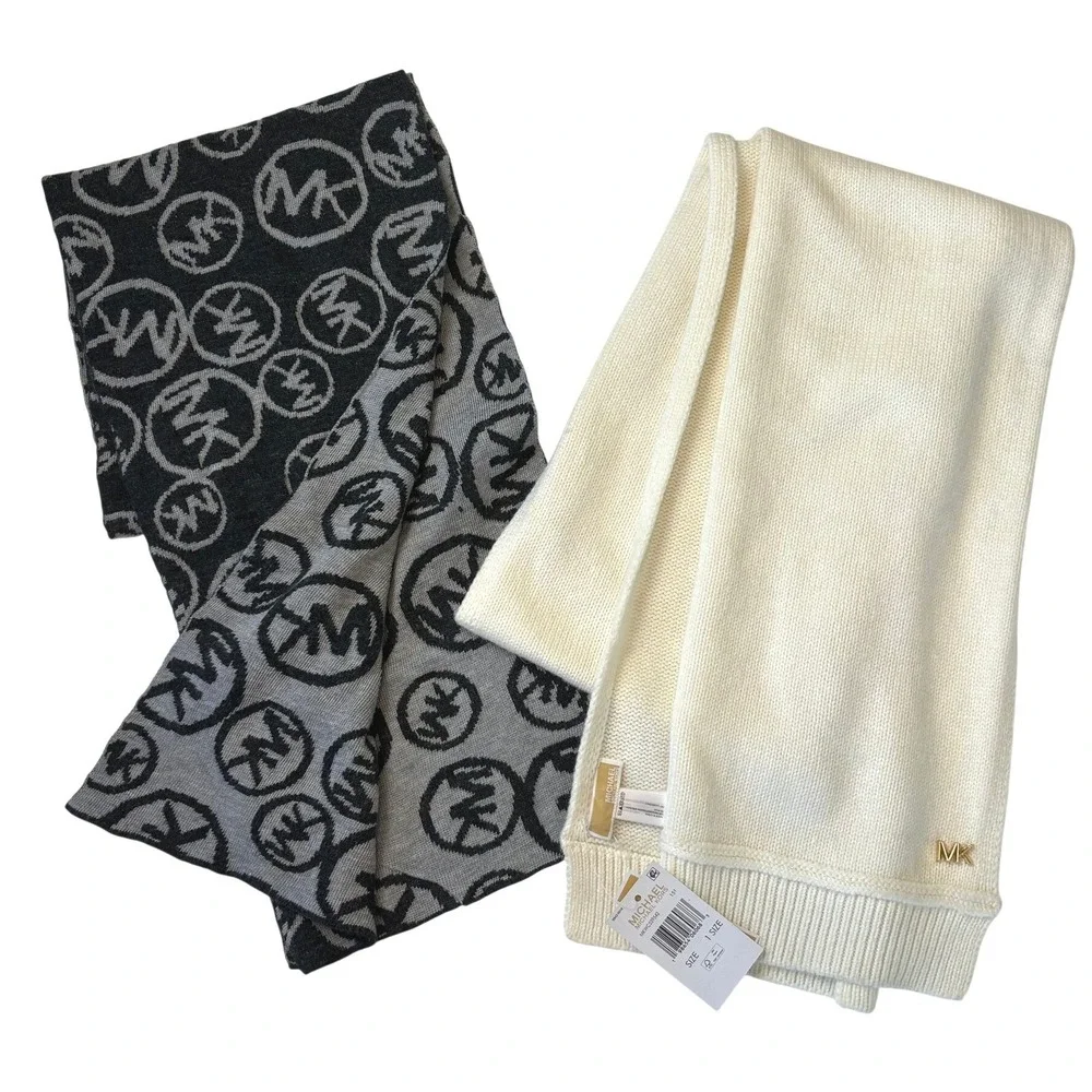Michael Kors Scarf Bundle Cream Grey Logo Knit Wool Blend 2pc Set